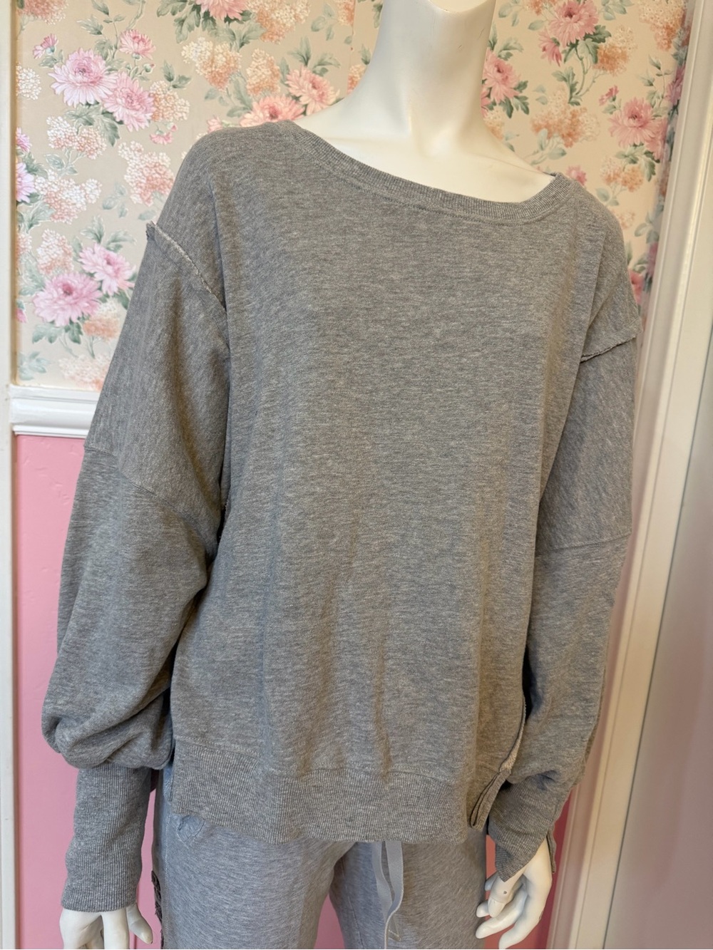 Free People Light Gray Off-the-Shoulder Boatneck Sweater